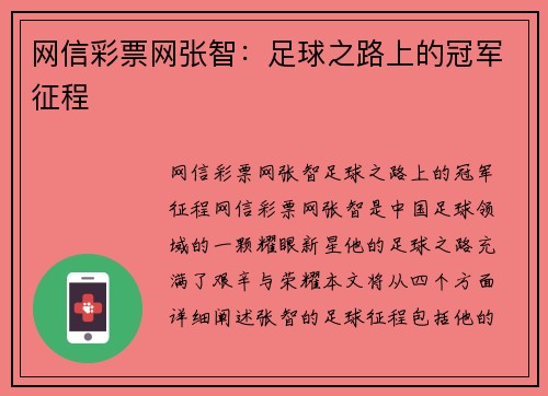 网信彩票网张智：足球之路上的冠军征程