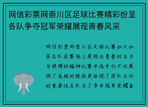网信彩票网崇川区足球比赛精彩纷呈各队争夺冠军荣耀展现青春风采