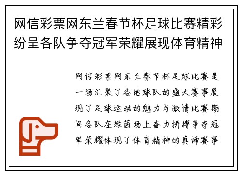 网信彩票网东兰春节杯足球比赛精彩纷呈各队争夺冠军荣耀展现体育精神