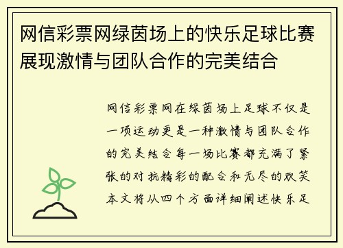 网信彩票网绿茵场上的快乐足球比赛展现激情与团队合作的完美结合