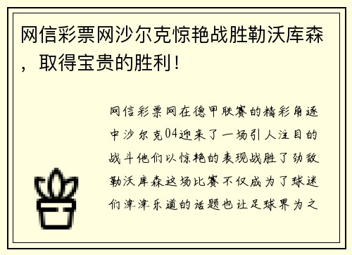 网信彩票网沙尔克惊艳战胜勒沃库森，取得宝贵的胜利！