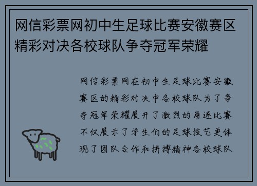 网信彩票网初中生足球比赛安徽赛区精彩对决各校球队争夺冠军荣耀