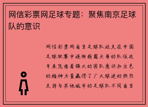 网信彩票网足球专题：聚焦南京足球队的意识