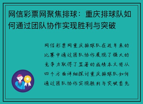 网信彩票网聚焦排球：重庆排球队如何通过团队协作实现胜利与突破