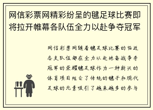 网信彩票网精彩纷呈的毽足球比赛即将拉开帷幕各队伍全力以赴争夺冠军荣耀