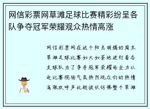 网信彩票网草滩足球比赛精彩纷呈各队争夺冠军荣耀观众热情高涨